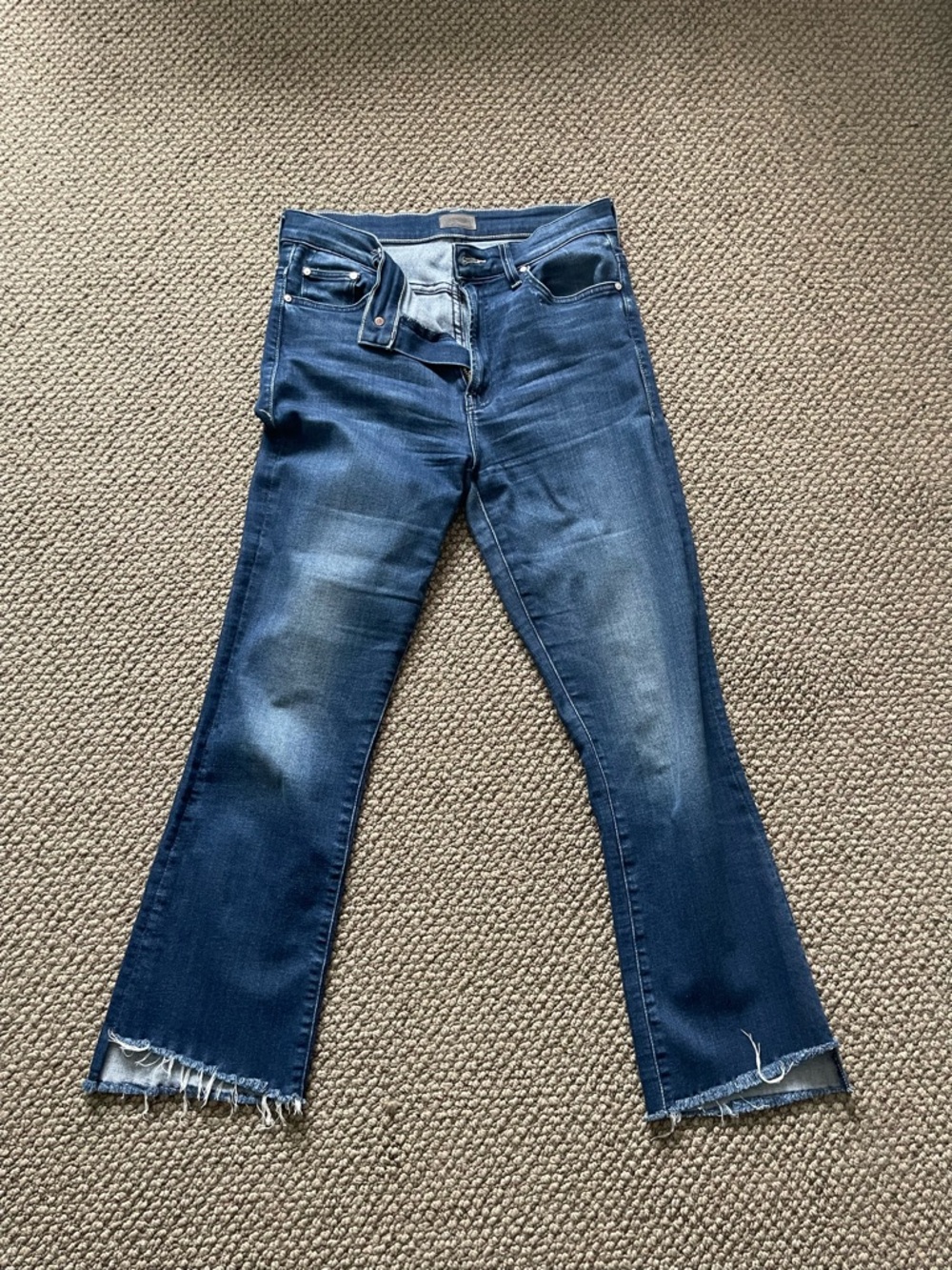 MOTHER Dark Blue Frayed-Hem Flare Jeans